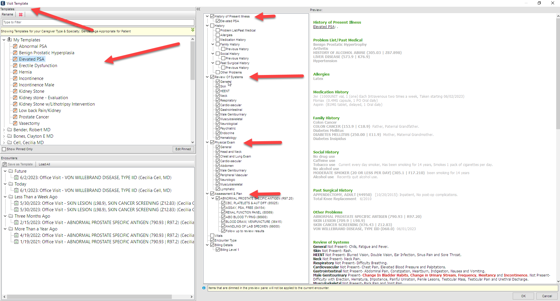 Screenshot of Urology Templates for Chief Complaint, History of Present Illness, Physical Exam, ICD10 Codes, and Order Protocols